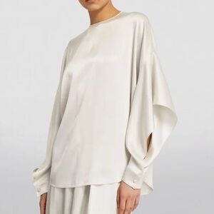 St. John Liquid Satin Blouse with Dramatic  Sleeves Crystal Buttons Coral Large